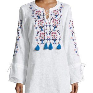 Tory Burch WILDFLOWER LACE-FRONT EMBROIDERED BEACH TUNIC IN WHITE